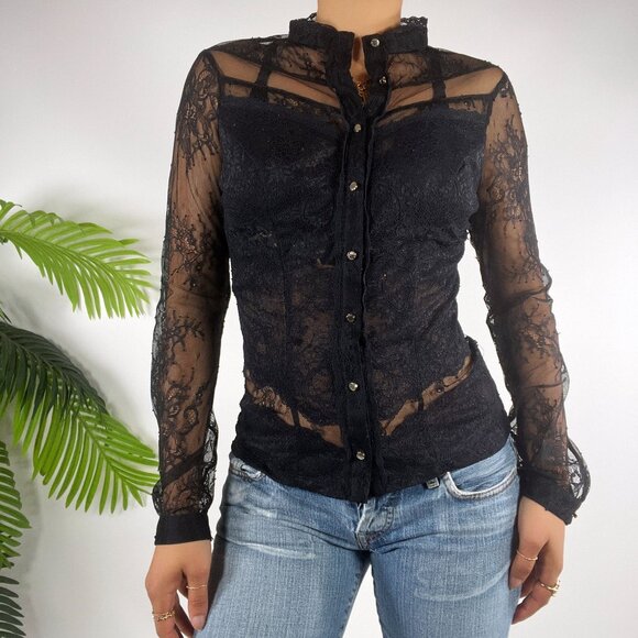 Y2K Bebe Black Sheer Lace Womens XS Long Sleeve Button-Up Whimsygoth Grunge - Picture 3 of 8